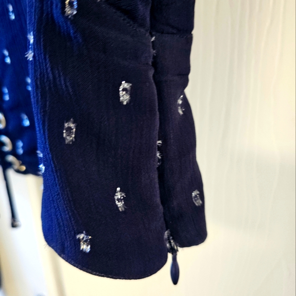 The Kooples Navy Blue Cosmic Dots Sheer lace-up bodice Long-sleeved Top SzM = 6 - Picture 10 of 11